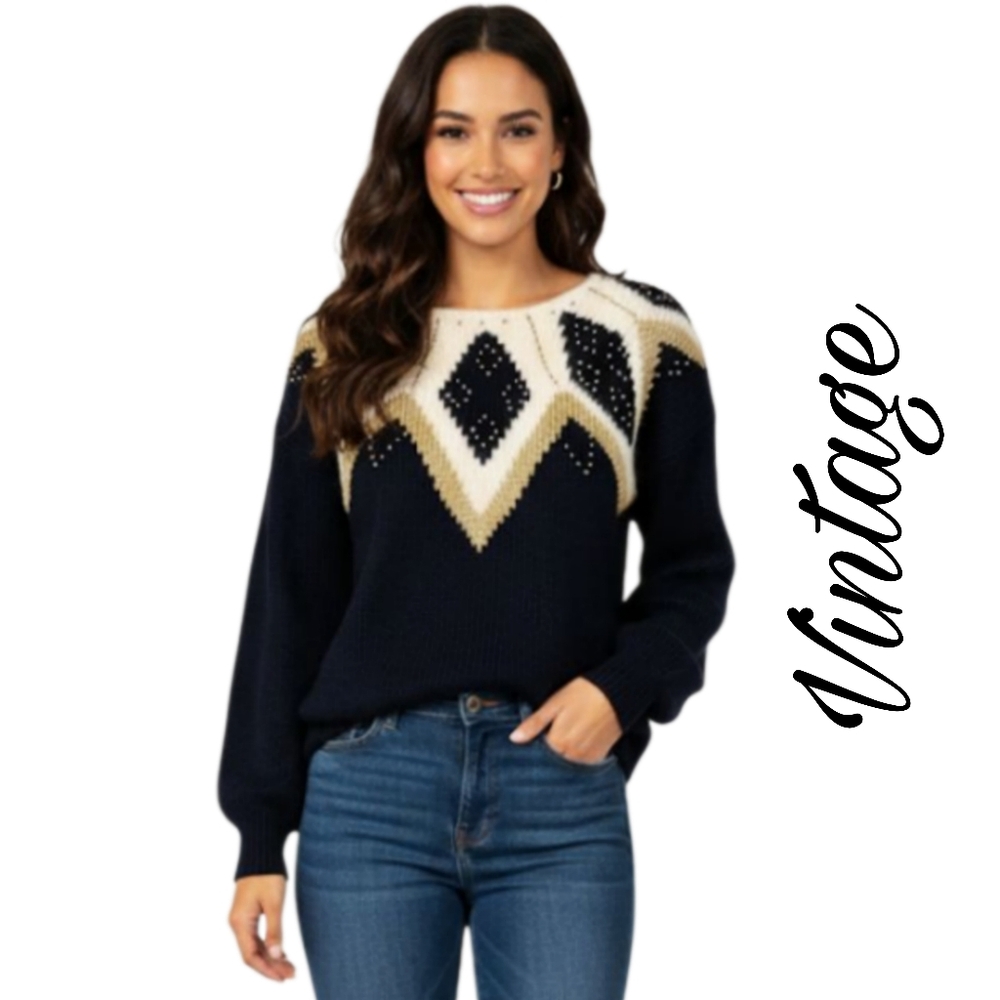 VINTAGE 80s 90s Black Cream Gold Womens Knit Sweater Bead Detail Medium Holiday
